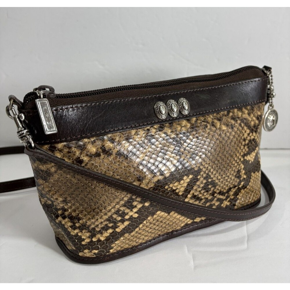 Vtg Brighton One World Brown Leather Snake Print Shoulder Bag Purse Crossbody